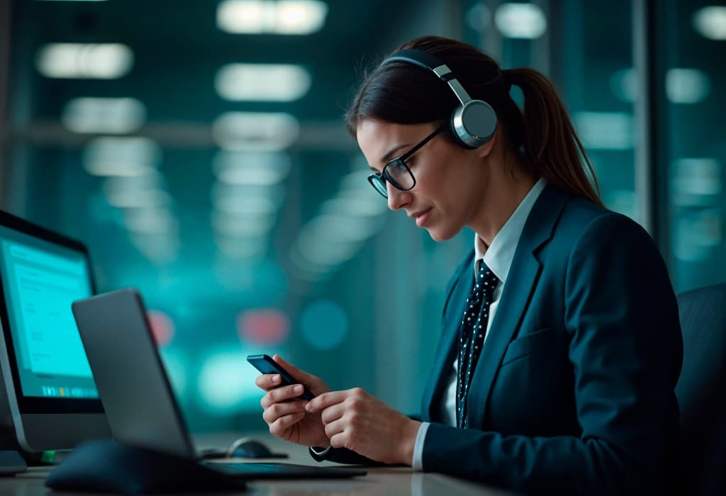 Professional virtual assistant with headset managing calls and practice support tasks